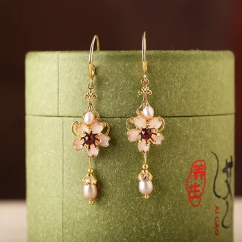Kinesiske Cloisonne Emalje blomst Øreringe Perle Eardrop Kvinder Vintage Etnisk stil øreklips Dingle Smykker Øre Smykker