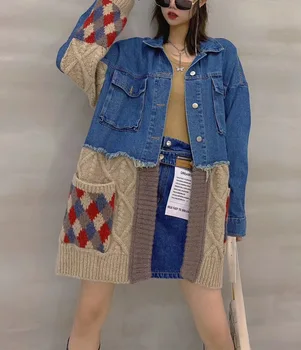 2020 koreanske faux To-stykke Denim Jakke Kvinder sweater patchwork varme Frakker overtøj D612