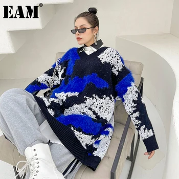 [EAM] Blue Stor Størrelse Lang tid at Strikke en Sweater i Loose Fit V-Hals Lange Ærmer Kvinder Trøjer Nye Mode Efterår og Vinter 2021 1DD4133