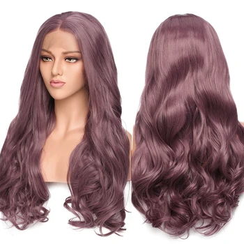 SNOILITE 24inch Syntetiske Lace Front Wig Lange bølgede guld pink lilla hår parykker varmeandig Hair party cosplay paryk til kvinder