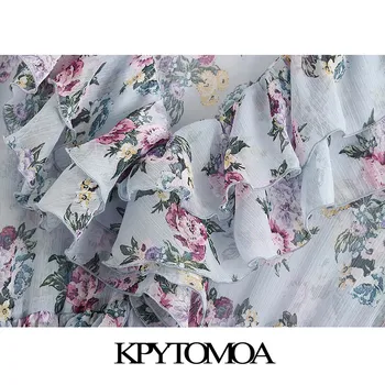 KPYTOMOA Kvinder 2020 Chic Mode Blomster Print Pjusket Midi-Kjole langærmet Vintage Se Gennem Kvindelige Kjoler Vestidos Mujer