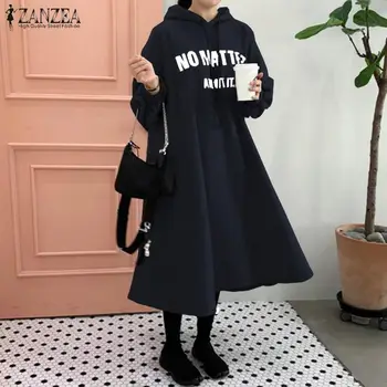 2021 Efteråret Hodded Sweatshirt Kjole Mode Lang Pullover ZANZEA Kvinder med Lange Ærmer Brev Trykt Vestidos Kvindelige Robe Plus Størrelse