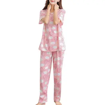 Forår Sommer 2STK Pyjamas, Nattøj For Kvinder Trykt Sød Pyjamas Sæt Lange O-hals, Korte Ærmer Hjem Passer til Pyjamas Kvindelige