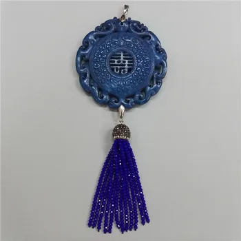 Charms Klassiske Traditionelle Kinesiske Antikke Vintage Mønster Blå Sten Royal Blå Beaded Kvast Hæmatit Kæde Halskæde