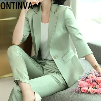 Dame Sommer Grøn Pink koreansk Stil Pletten Silke Toppe, Blazer Kvinder Hvid Passer til Business Wear Plus Størrelse S-3XL 4XL Jakker-Knappen