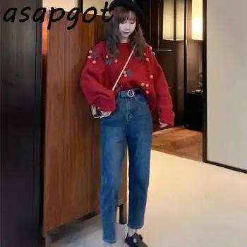 Søde Røde Kirsebær Pynt Kvinde Trøjer Mode Japan Style Nye Smarte O Neck Strikket Top Outwear Trække Femme Mode Temperament