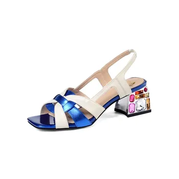 MLJUESE 2020 kvinder sandaler ko læder åben tå blå farve krystal høje hæle strande sandaler bryllup part kjole størrelse 42