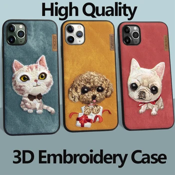 3D Broderet Søde Kat Mops Hund Teddy Panda Læder Phone Case For iPhone 12 Pro Max antal Beskyttende bagcover Til iPhone 11 12 Mini