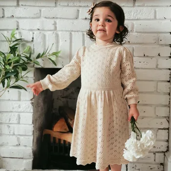 Ny Stil til Efterår og Vinter Pige Kjole Children ' s Hollow-out Langærmet Kjole Strikkede Uldne kjole