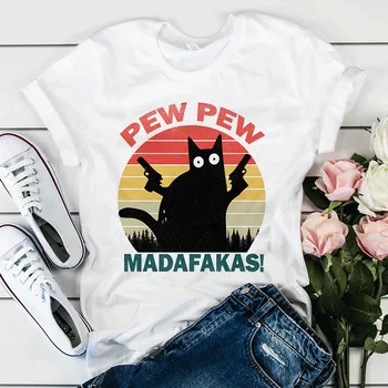 Pew Pew Madafakas Print T-shirt til Kvinder Morderiske Sort Kat Med Pistol Funny Gul T-Shirt med Korte Ærmer Halloween Toppe Femme t-shirt