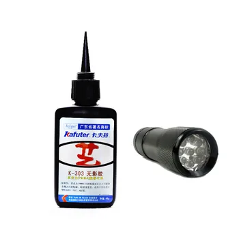50 ml Kafute K-303 UV-Lim + 9LED UV-Lommelygte UV-Hærdende Lim Akryl Gennemsigtig Plast, Acryl Lim
