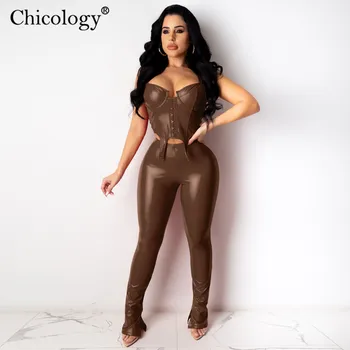 Chicology Pu-Læder 2 To Stykke Matchende Sæt Afgrøde Top Bukser 2020 Efterår og Vinter Tøj Sexy Club Streetwear Mode Y2K Udstyr