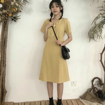 Kortærmet Kjole Plaid V-hals Fritids-Studerende Kawaii Slim-En-linje koreansk Stil Løs Enkel Alle-match Streetwear Ferie Ny
