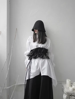 [MØRK] Yamamoto-style Mørk Sort Jakker for Kvinder Belted Linning Sort Personlighed Ydre Dekoration Tøj til Kvinder