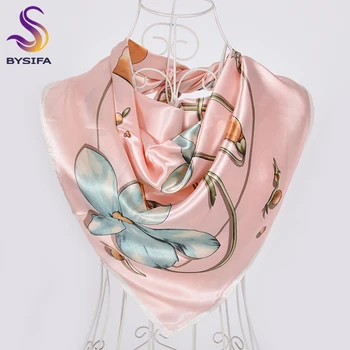[BYSIFA] Hvid Og Pink Silke Tørklæde Sjal Fashion Brand Blomstret Satin-Pladsen Tørklæder, Hijab Efterår og Vinter med Tørklæde Wraps 90*90