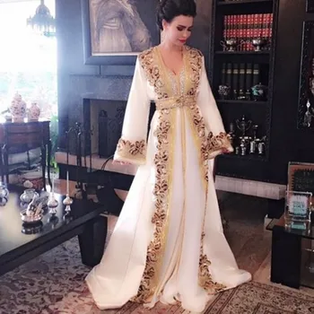 Ny Hvid Beaded Muslimske Lange Aften Kjoler Luksus Dubai Marokkanske Kaftan Kjole Lange Ærmer Formel Kjole Aftenselskab Kjole