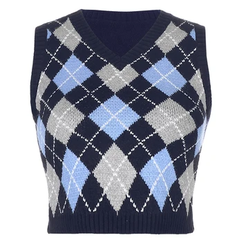 2020 mode VNeck Vintage Argyle Sweater Vest Kvinder Y2K Sort uden Ærmer Strikket Plaid Afgrøde Trøjer Casual Efteråret Preppy Stil