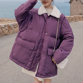 FORYUNSHES koreansk Vinter Kvinde Parkacoats Plus Size Tøj Tykkere Lilla Med Pels Krave Varm, Rød Jakke, Overtøj Sort Frakke
