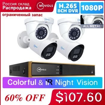 Movols 1080P 8CH H. 265 CCTV DVR System 2STK Farverige & 2STK IR Night Vision Sikkerhed Kamera Kit Udendørs Videoovervågning Sæt