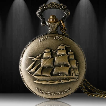 Antikke 1797-1997 AMERIKANSKE Forfatning Sejlads Lærred Båd Skib Design Quartz lommeur Med Kæde Halskæde Gave Vedhæng