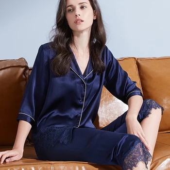 Kvinder er Ægte Silke Pyjamas Sæt 2019 Solid 16 m/m Silke Natkjole Pyjama Femme Sove Lounge Bedgown Ren Silke Nattøj Passer