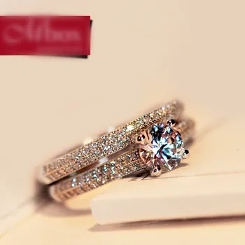 Søde Kvindelige Hvid Brude-Ring Sæt Mode 18KT Guld Bryllup Band Smykker Løfte Kærlighed Runde forlovelsesringe For Kvinder