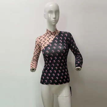 Sommer T-Shirts Kvinder 2020 Mode Designer Månen Print T-Shirt Med Vintage Langærmet Undertøj Tøj Turtle Neck Farve Blok Toppe