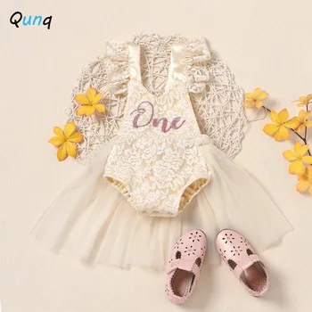 Qunq Blonder Blomst Baby Sparkedragt 2021 Nye Sommer Mesh Nyfødte Prinsesse Kostume 1 Års Fødselsdag Part Tøj Infant Piger Outfits