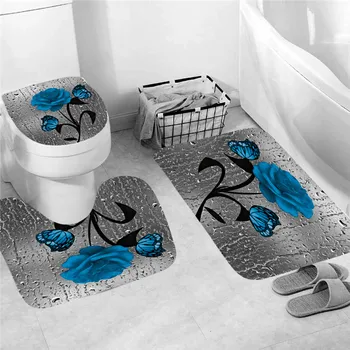 Blå Blomst Butterfly Badeværelse, Non-slip Mat Sæt Holdbar Vandtæt badeforhæng Piedestal Tæppe Låg Toilet Dække bademåtte Tæpper