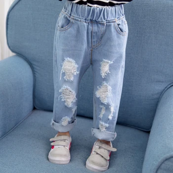 Baby Jeans Stjerne Print-Jeans Bukser Til Piger Elastisk Talje Kids Jeans Med Hul på Efteråret Nyhed Tøj Til Piger XIAO LU MAO