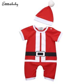 Emmababy Jul 0-24M Nyfødte Baby Piger&Drenge Varmt Tøj med Lange Ærmer Santa Kostume Tøj Rompers+Red Cap Varm Xmas