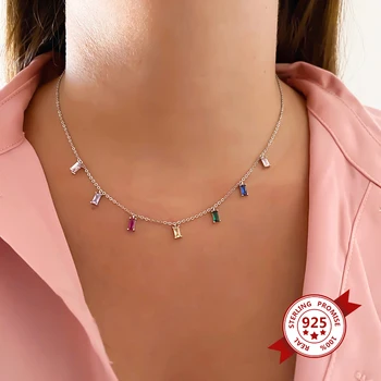 925 Sterling Sølv farverig Regnbue-Pladsen Zircon Halskæde Kvinder Charmerende Krystal Guld Sølv Kæde