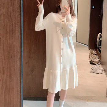 Elegant Sweater Dress Kvinder 2020 Vinter Slank Strikket I Ét Stykke Koreansk Dress Langærmet Knappen Bue Kontor Dame Strik Kjole Kvindelige