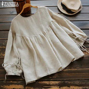 ZANZEA Vintage Lanterne Ærme Shirts til Kvinder Bluser 2021 Foråret Knappen Plisserede Chemise Female Tunika Toppe Plus Size Sengetøj Blusas