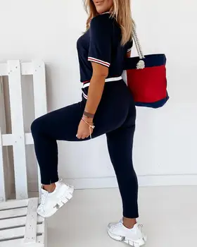 Kontrast Bindende Kortærmet Top & Lommer Design-Bukser Sæt Afslappet Træning Kvinder, To-Delt Sæt