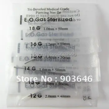 100PCS Gratis Sending Sterillzed Piercing Nåle størrelse 20g 18g 16g 14g 12g 10g