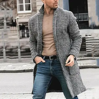 Mænd Classic Plaid I Uld Blandinger Pels Outwear Herre Mode Langærmet Uld Trench Coat Vinter Varm Lang Frakke Frakke