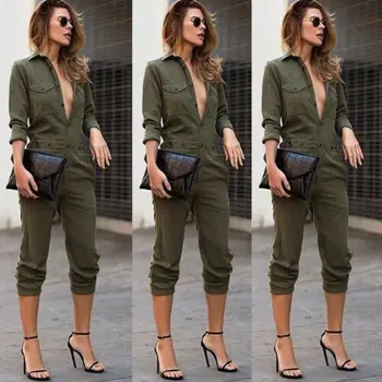 Efteråret Cool Fashion Kvinder Plus Jeans Denim Almindelig Army Grøn Knap Solid Overalls Buksedragt Bib Bukser, Overalls Bred Ben Bukser