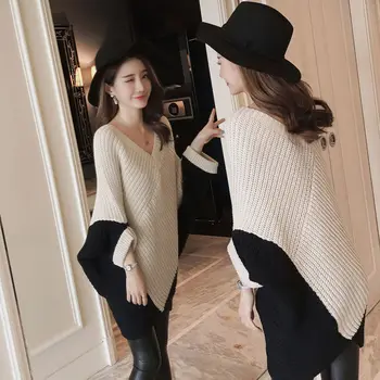 Nye Sweater Kvindelige koreanske Version Af Flagermus Ærme Løs Syv-punkt-Ærmet Trøje i Efteråret Og Vinteren Lang Strikket Cape Shirt