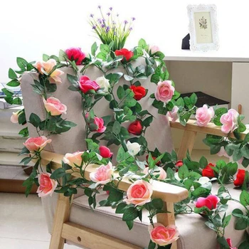 Silke Kunstig Rose Rattan String Vinplanter Blade Væggen Hænger Garland Tropiske Bryllup Part Haven Dekorationer