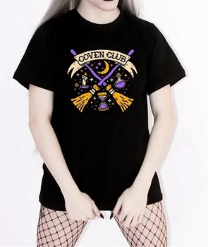 Kuakuayu-KHO Kvinder Vintage Mode Coven Club T-Shirt Grunge Heks Sort Tee Gotiske Halloween Tøj
