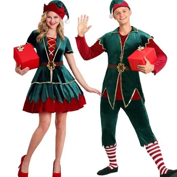 Voksen Jul Kostume, Grøn Xmas Elf Santa Claus Par Carnival Cosplay Macot Part, Mænd, Kvinder, Par, Der Passer Jul