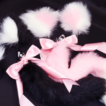 Søde Bløde Kat ører Pandebånd med 40cm Fox Tail Bue Metal Anal Butt Plug Erotisk Cosplay Tilbehør, Voksen Sex Legetøj til Par