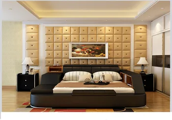 Virkelige Ægte læder seng frame Moderne Bløde Senge med opbevaring Hjem Soveværelse Møbler cama muebles de dormitorio / camas quarto