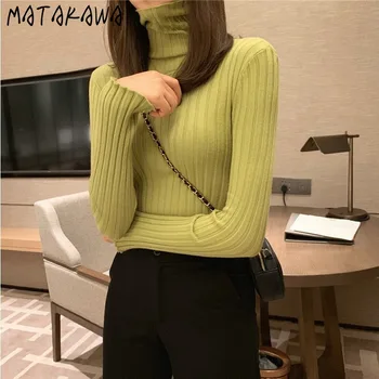 MATAKAWA langærmet Slank Sweater Kvinder 2020 Efterår Mode Rullekrave Bunden Top Pit Strip tætsiddende Indre Pullovere