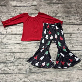 Ny Jul Style Rød med Lange Ærmer Bomuld Top juletræ print flare pants Baby girl boutique tøj
