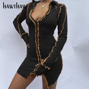 Hawthaw Kvinder Mode Langærmet Efteråret V Hals Patchwork Bodycon Tynde Mini Pakke Hip Kort Kjole Sexet 2021 Falde Tøj