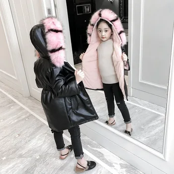 INS HOT piger' vinter jakker 5-13 år gamle børn er mid-længde PU læder + pels quiltet jakke bomuld, fløjl jakke hooded