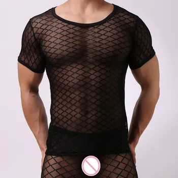 Fashion Herre Sexet Singlet Plaid Gennemsigtige Mesh T-Shirts Homoseksuelle Mandlige Eksotiske Tshirt Klub Bære Fetish Nattøj T-shirt, Undertrøje