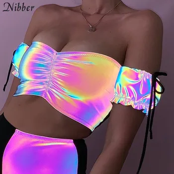 Nibber efterår mode Farverige Reflekterende crop tops kvinder 2019 sexy club party night Skinner bære off skulder t-shirts mujer